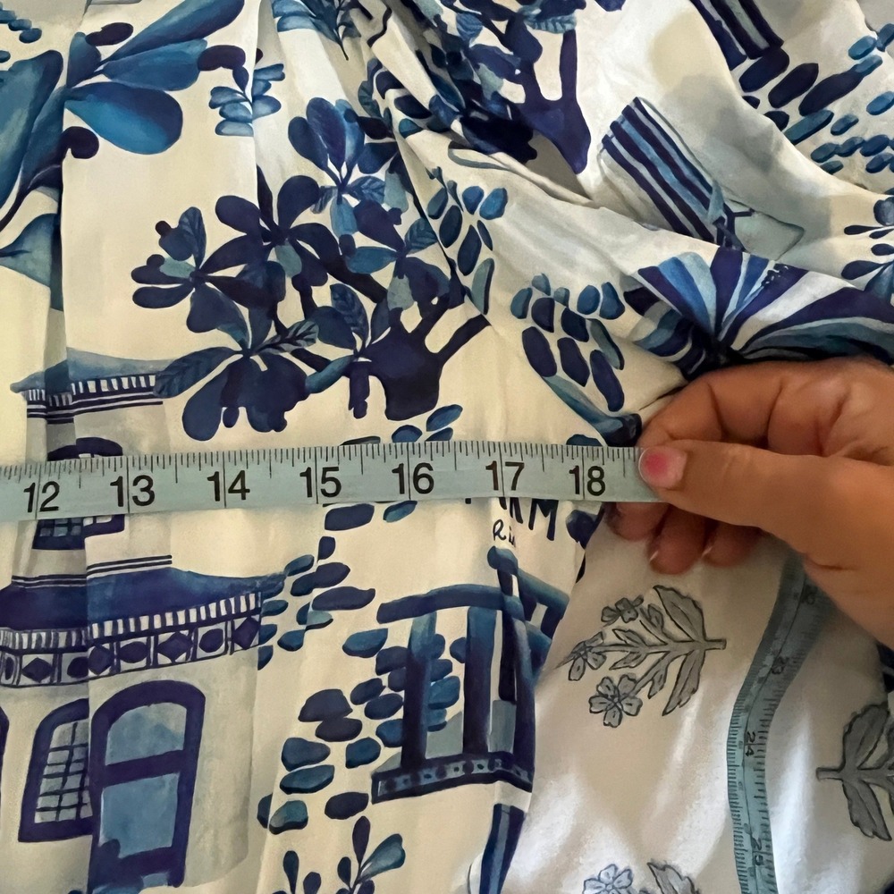 Farm Rio Sweet Rio Mini Dress Blue White Tropical Puff Sleeve Beaded Belt Medium - Picture 8 of 10